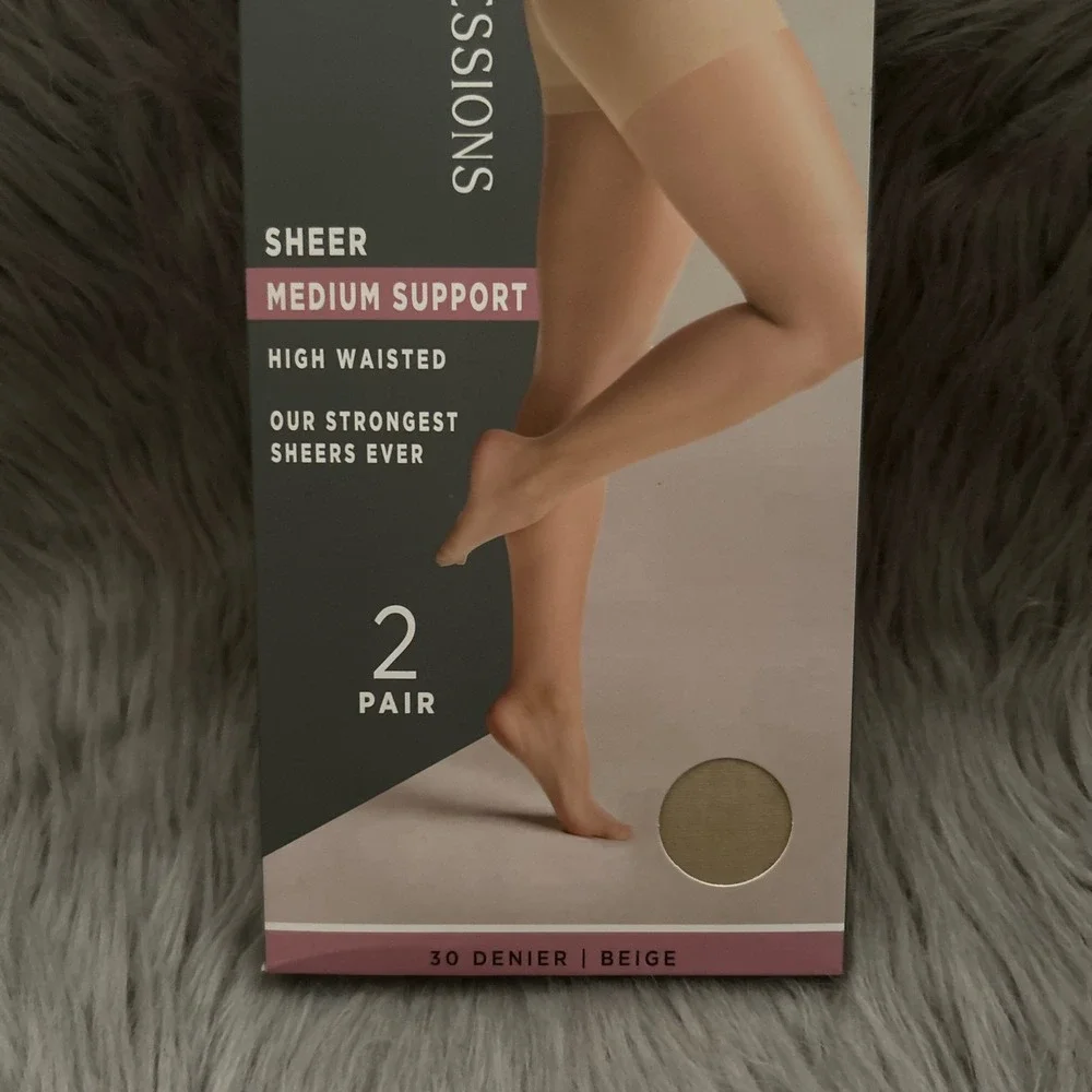 Silk Impressions Sheer Tights Medium Support Womens Size Medium Beige High Waist